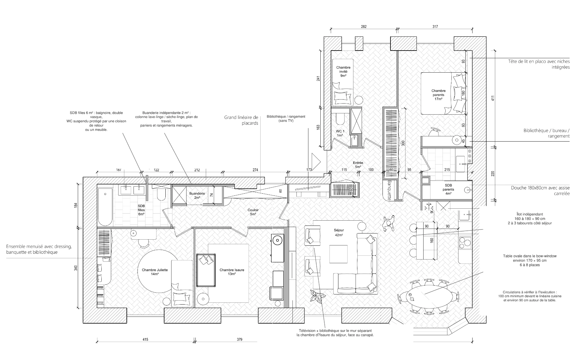 Plan d’aménagement 2D d’un appartement avec annotations et mobilier