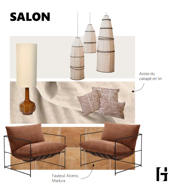 Moodboard salon : luminaires, textiles et fauteuils aux teintes naturelles
