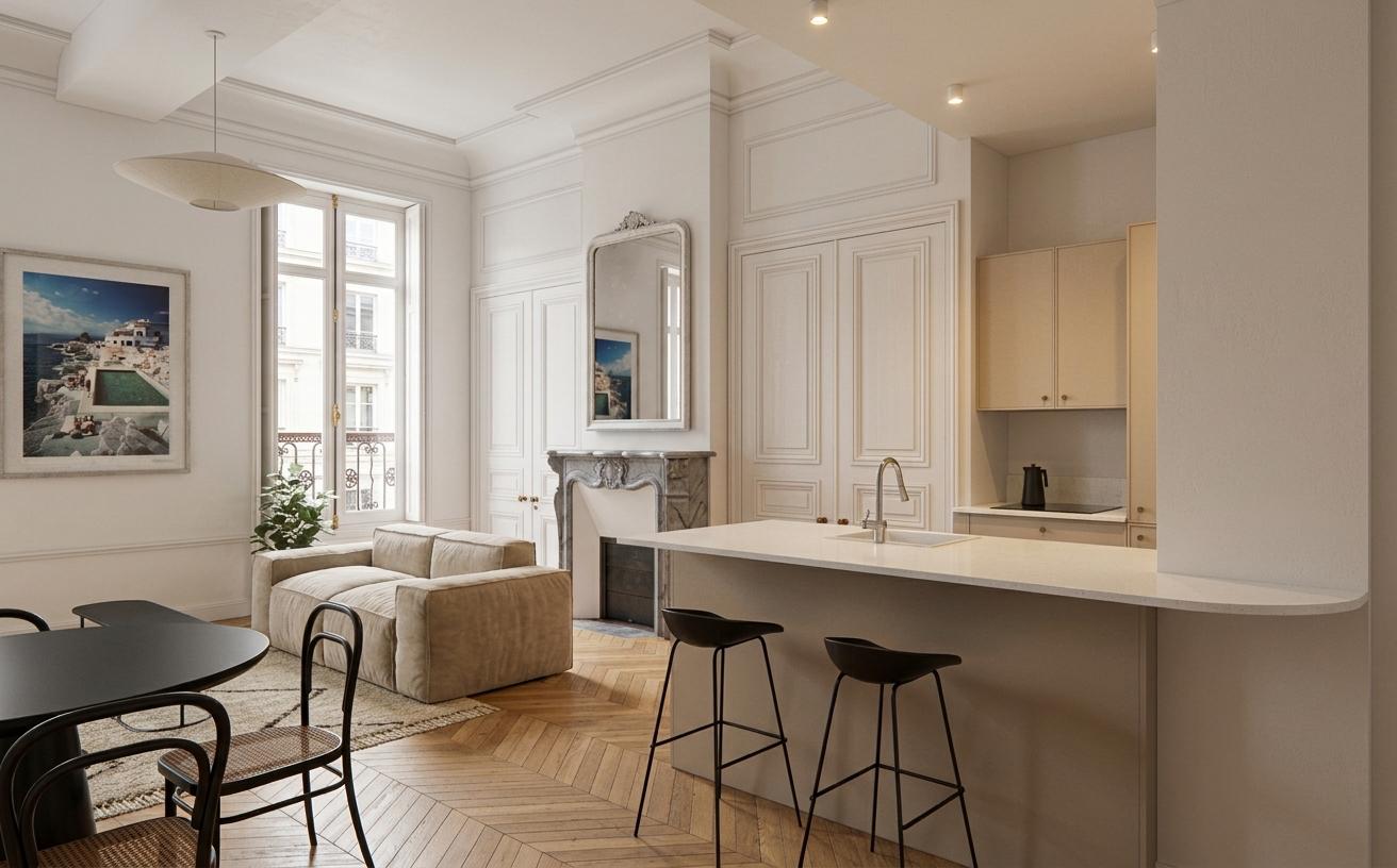 Perspective 3D d’un appartement avec cuisine ouverte et salon